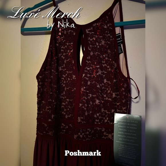 Morgan & Co Sequined Halter Maxi Formal Mermaid Dress - Color Merlot/Nude Size 5 - Picture 4 of 10